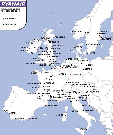 mapa europa paises. Mapa de vuelos de Ryanair en