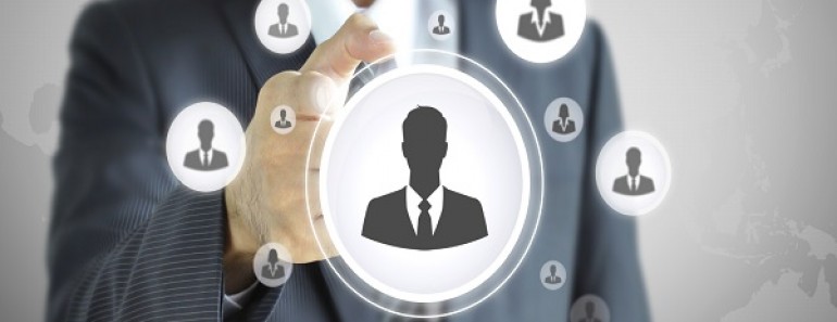 Hand pointing to businessman icon - HR, recruitment and chosen concept