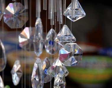 Several crystals hanging in front of s shop in Kas, Tutrkey