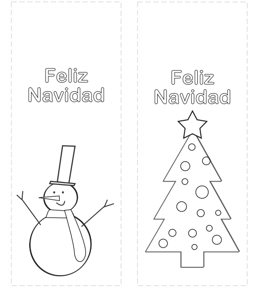 marcapáginas de navidad para colorear de árbol y muñeco de nieve