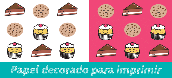 papel decorado con ilustraciones de tartas, galletas y cupcakes
