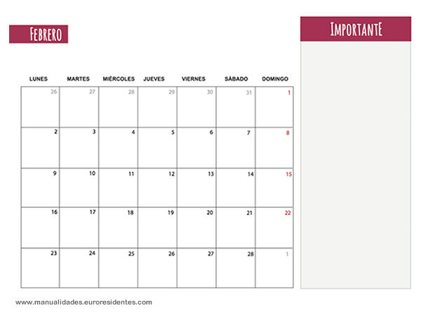 Calendario Febrero 2015 imprimir