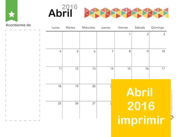 Calendario 2016 Mes de Abril para imprimir