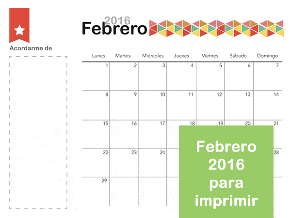 calendario mes de febrero 2016 para descargar