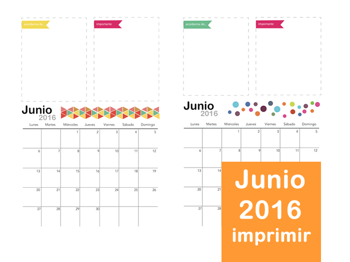 calendario mes de junio 2016 para imprimir