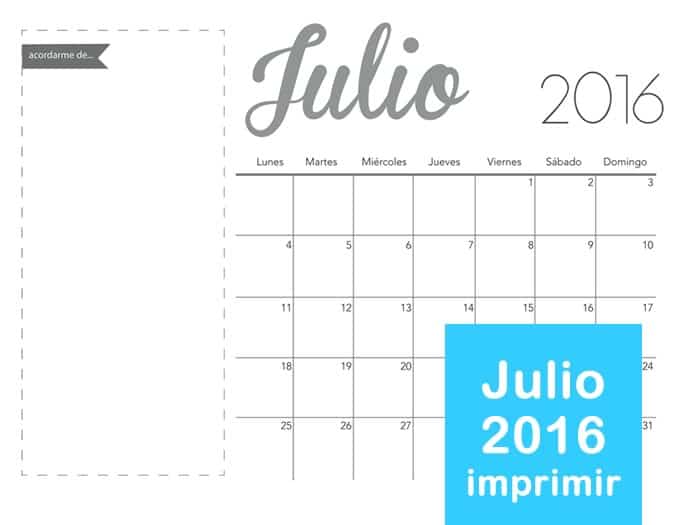 Calendario del mes de Julio 2016  para imprimir