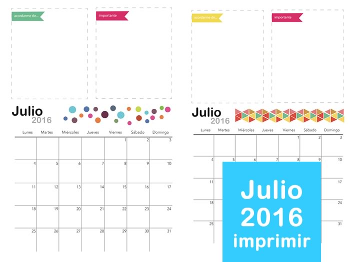 Calendario del mes de Julio 2016  para imprimir