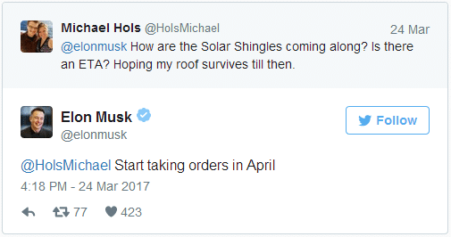 Tweet de Elon Musk sobre los tejados solares de Tesla